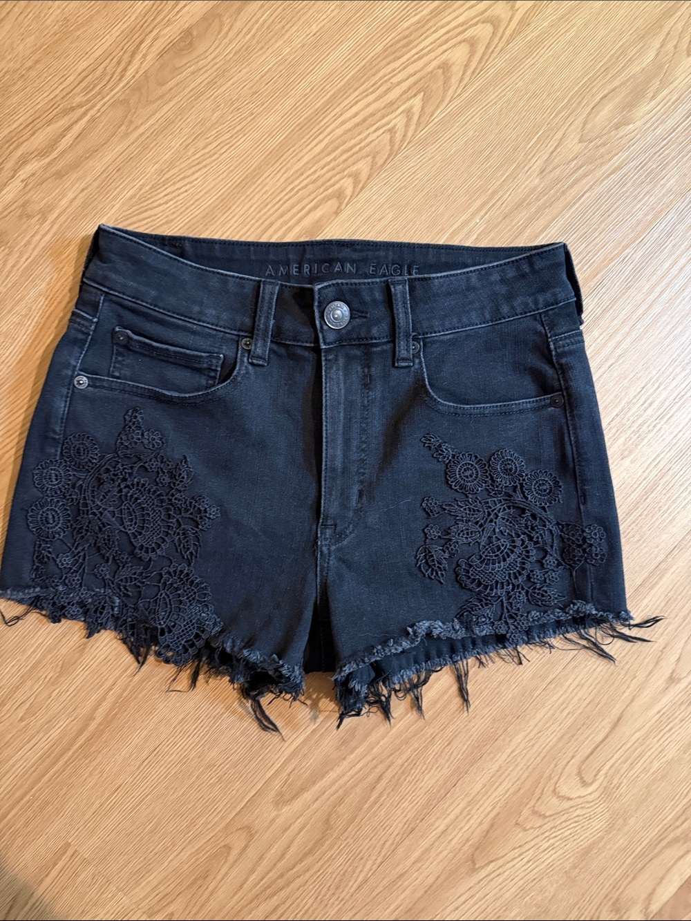 American Eagle Outfitters Black Denim Shorts with Lace Appliqué